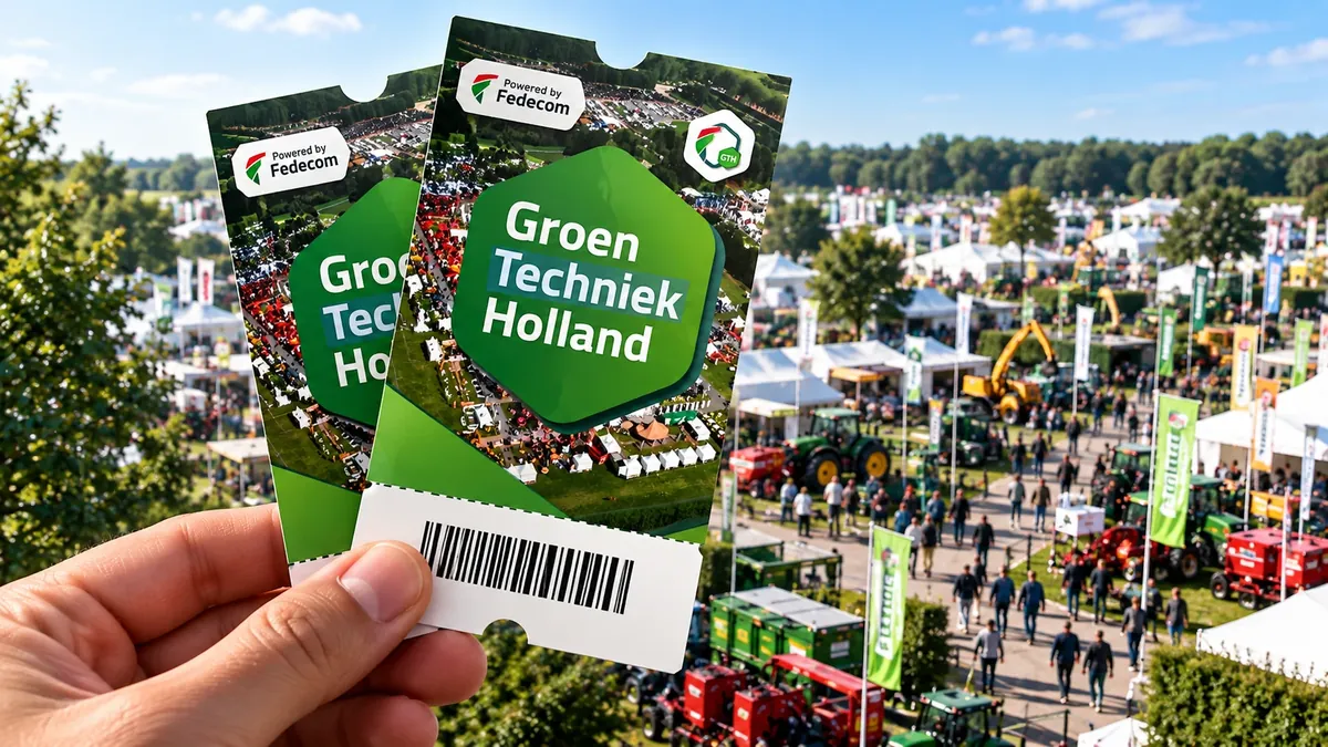 Twee relatiekaarten voor GroenTechniek Holland, met het beursterrein in Biddinghuizen op de achtergrond
